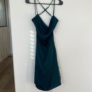 Cowl neck, satin midi dress. Scoop back, side zip closure, bottom slit